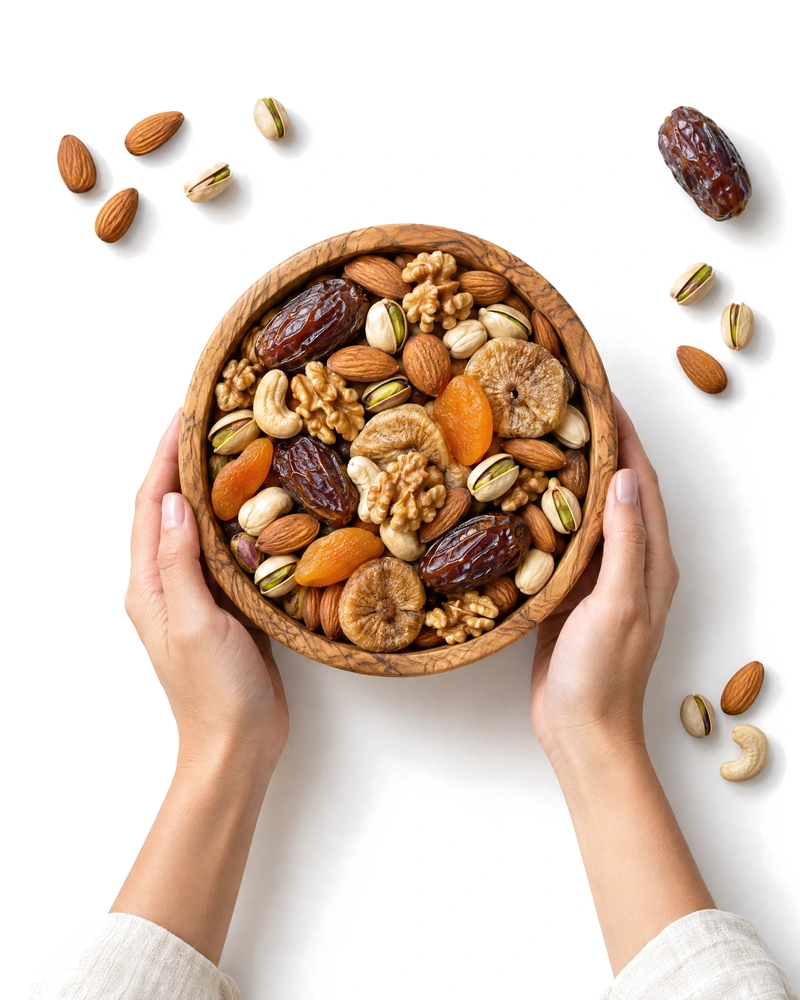 Deux mains tiennent un bol en bois d'olivier rempli de fakya : amandes, noix, pistaches, dattes, abricots et figues